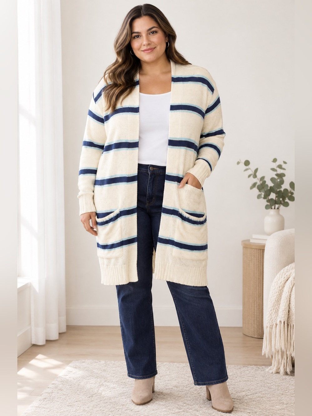 St. John's Bay Striped Open Front Cardigan Cream Blue XL